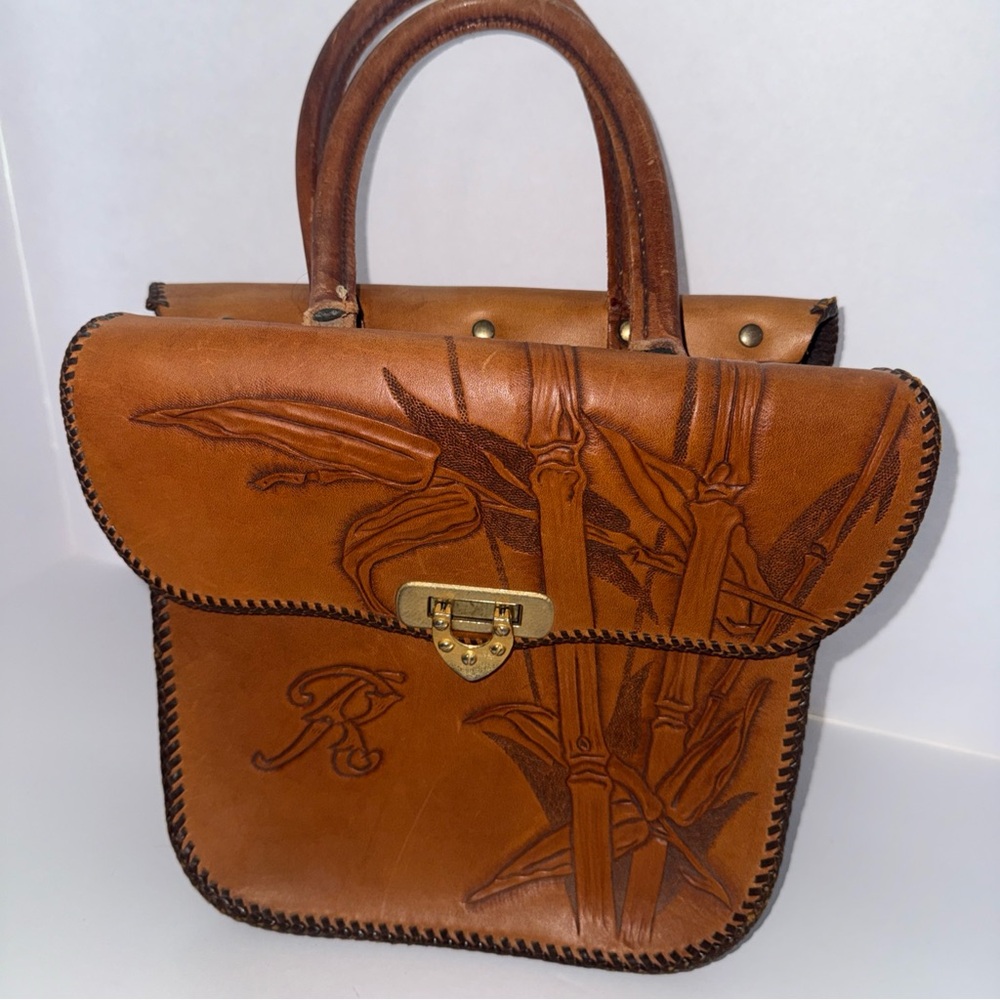 Hand-Tooled Tan Leather Satchel Bag with Floral Motif